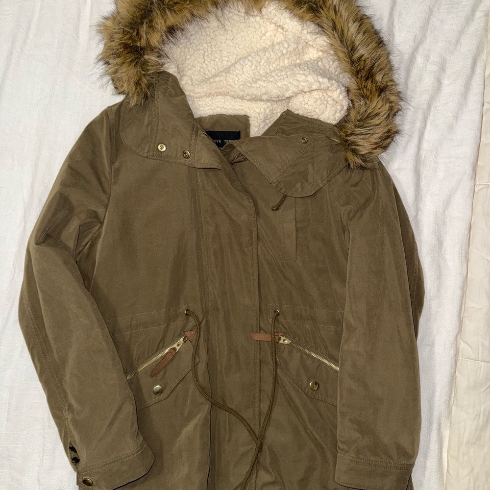 Love Tree Green Hooded Jacket with Faux Fur Trim